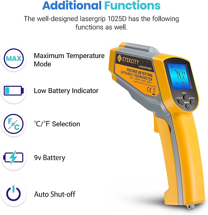 Etekcity Infrared Thermometer 1025D (Not for Human) Dual Laser Temperature Gun-58℉~1022℉ (-50℃~550℃) with Adjustable Emissivity, Non-Contact Voltage Tester (NCV), Standard Size, Yellow & Gray | Pizza Oven, Griddle, BBQ, Meat, HVAC, Engine, Electricians...