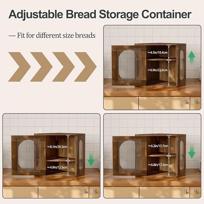 Alpeir Corner Bread Box for Kitchen Countertop, 3 Adjustable Height,Brown | Solid Pine Wood, Hold 2 Loaves, Strong Acrylic Window, Easily Care, Farmhouse Pantry Container for Home Baker, Family of 4