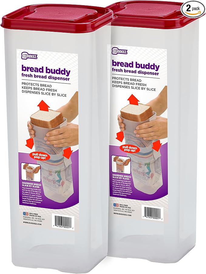 Buddeez Bread Buddy Bread Box – Red Lid, Pack of 2 | Seals in freshness, keeps loaves soft, easy to slice, bread storage container, bread keeper, bread holder