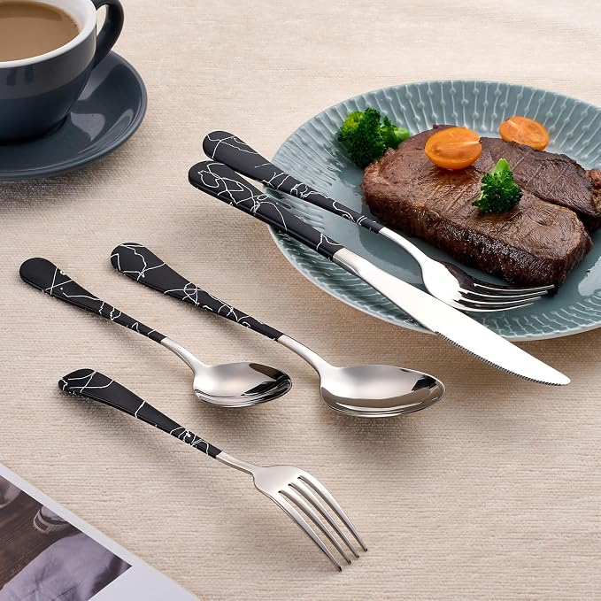 20-Piece Black crack Silverware Set 18/0 Stainless Steel Silverware Set Black crack Handle Cutlery Set Service for 4 Dinner Knives Forks Spoons Set Flatware Set Finish Dishwasher Safe