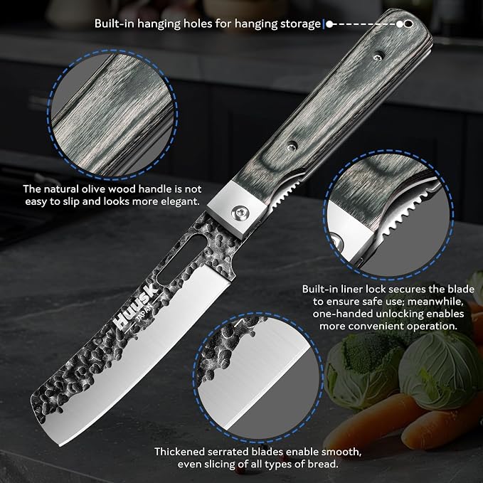 Huusk Japanese Folding Nakiri Knife - Pocket Vegetable Knife | Hand Forged Blade, Wooden Handle, Gift Box, For BBQ, for Camping and Travel