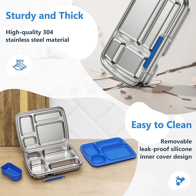 Stainless Steel Bento Lunch Box for Kids & Adults, 4 Compartment Kids Lunch Box, Metal Bento Box with Silicone Container and Stainless Steel Sauce Container,BPA-Free,School,Office(Blue)