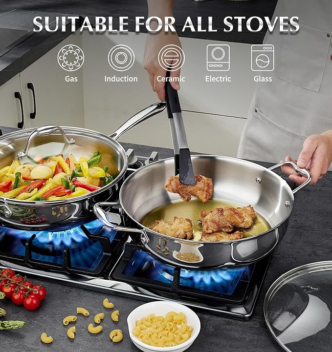 KOCH SYSTEME CS Tri-Ply Stainless Steel Saute Pan with Lid, 12 Inch Deep Frying Pan with Double Handles, 6 Quart 18/10 Stainless Steel Pan, Large Skillet, Induction Compatible, Oven Safe, Non Toxic