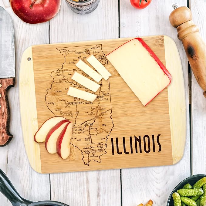 Totally Bamboo A Slice of Life Illinois Engraved Map Cutting Board | 11” x 8.75” charcuterie board with engraved state map artwork. Smooth reverse side for food prep. Hang tie for wall display.