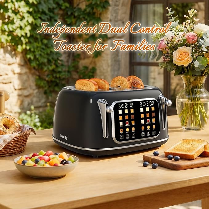 Mecity Toaster 4 Slice, Touch Screen Wide Slot Retro Toaster For Breads Bagel Muffin Waffle, House Warming Gift New Home, 120V 1650W, Jet Black