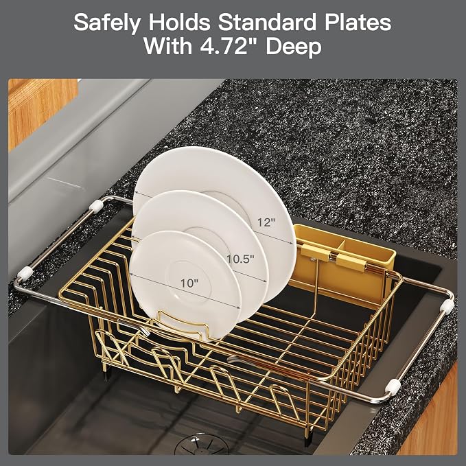 Gold Dish Drying Rack Over Sink with Utensil Holder, Drainboard | Expandable Stainless Steel Dish Drainer for Small Kitchen, Apartment, RV, Counter Space Saving, Perfect Fit, Rustproof