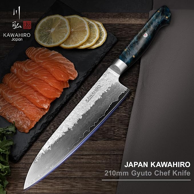 8.27" Japanese Chef Knife, SG2 Powder Steel Gyuto, Hand Forged | HRC 64 Ultra Hard, 3-Layer Steel, Stabilized Wood Handle, Perfect Balance for Professional Chef Knife Use, Gift Box