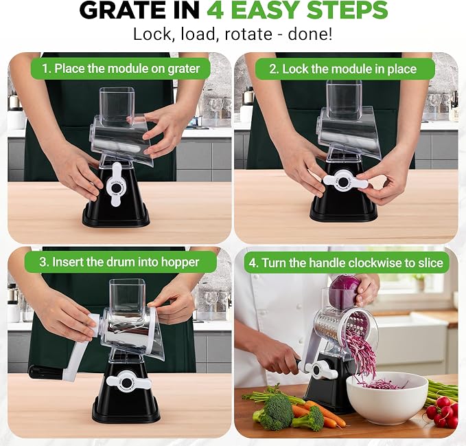Nutrichef 3 in 1 Cheese Grater & Shredder | Strong Suction Base, Rotary Handle with Safety Lock | Includes Hand Crank & 3 Drum Blades for 3 Textures, Fine, Medium & Strips | Black