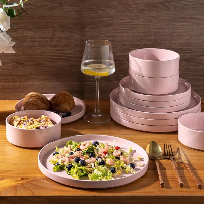 AmorArc Stoneware Dinnerware Sets for 8,24 Pcs Plates and Bowls Set | Handmade Ceramic Dish Set,Dishwasher & Microwave Safe,Scratch Resistant-Pink