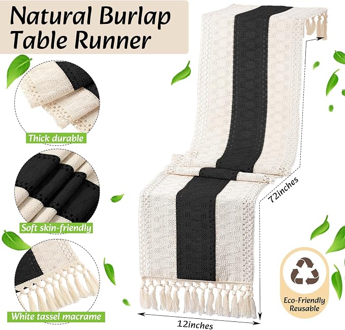 6 Sets Boho Decoration Placemats Round Woven Placemats, Cloth Napkins, Wood Bead Napkin Rings, Long Table Runner and Farmhouse Burlap Cotton for Table Kitchen (Black,12x72)