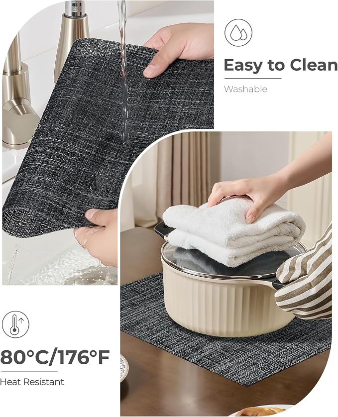 Leetaltree Black and Grey Woven Placemats Set of 8 - Heat Resistant Non-Slip Place mats for Dining Table, Washable Durable PVC Vinyl Woven Table Mats(Black & Grey, 8)