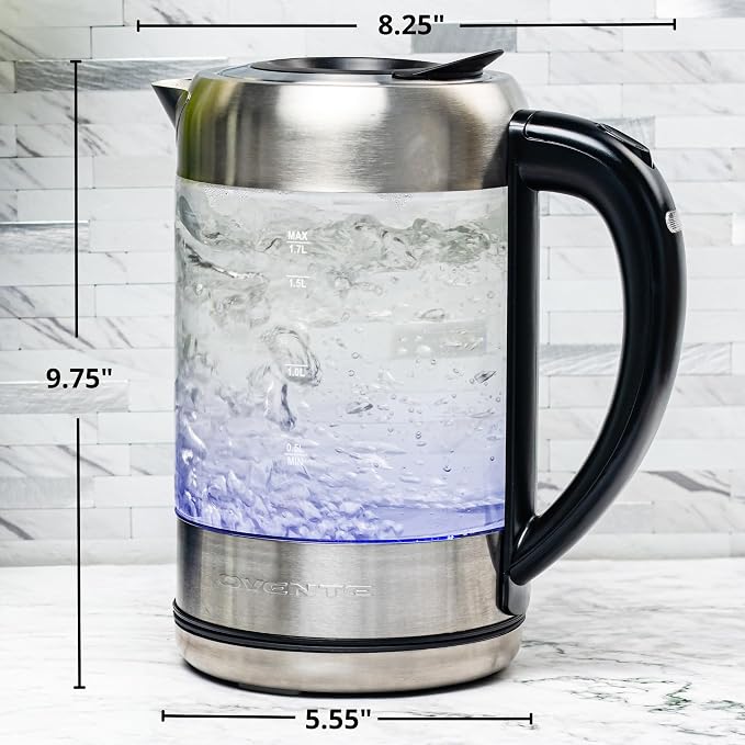 OVENTE 1.7L Glass Electric Kettle Water Boiler, Silver KG6120S | 1500W Fast Boiling, Easy Fill Lid, Borosilicate Glass, Blue LED Light, BPA-Free, Auto Shut-Off, Boil-Dry Protection