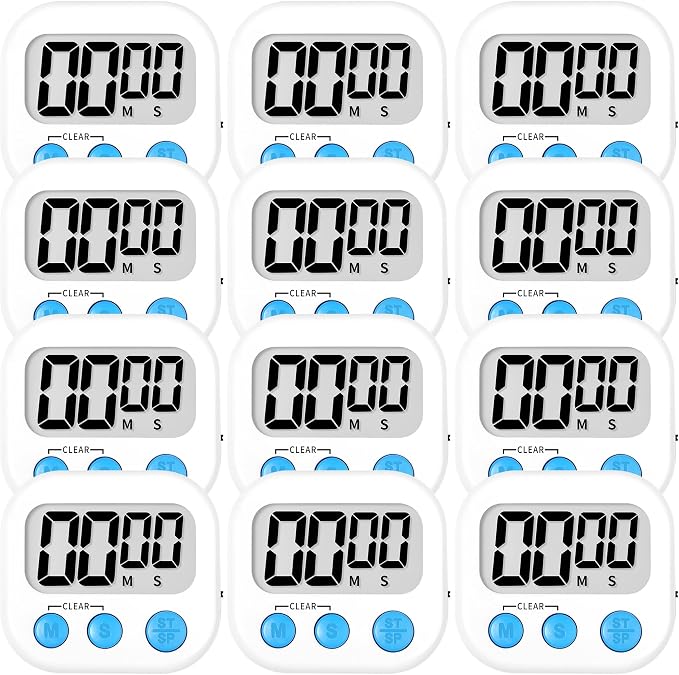 ZILLEEN Digital Kitchen Timers for Cooking Kids White 12 Pack | Strong Magnetic, Large Screen, Big Button, Timers for Kids Classroom Cooking Egg Teacher Exercise Study