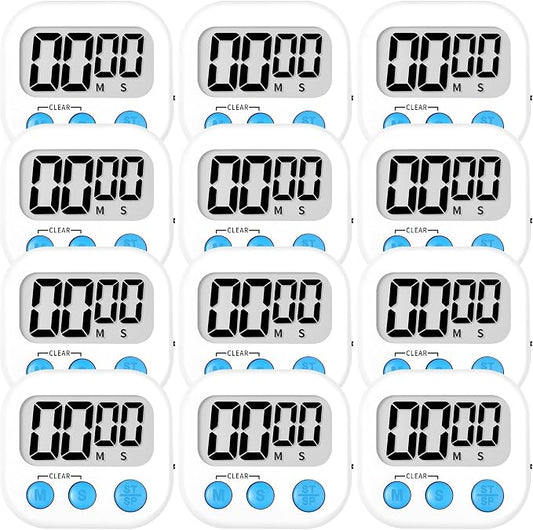 ZILLEEN Digital Kitchen Timers for Cooking Kids White 12 Pack | Strong Magnetic, Large Screen, Big Button, Timers for Kids Classroom Cooking Egg Teacher Exercise Study