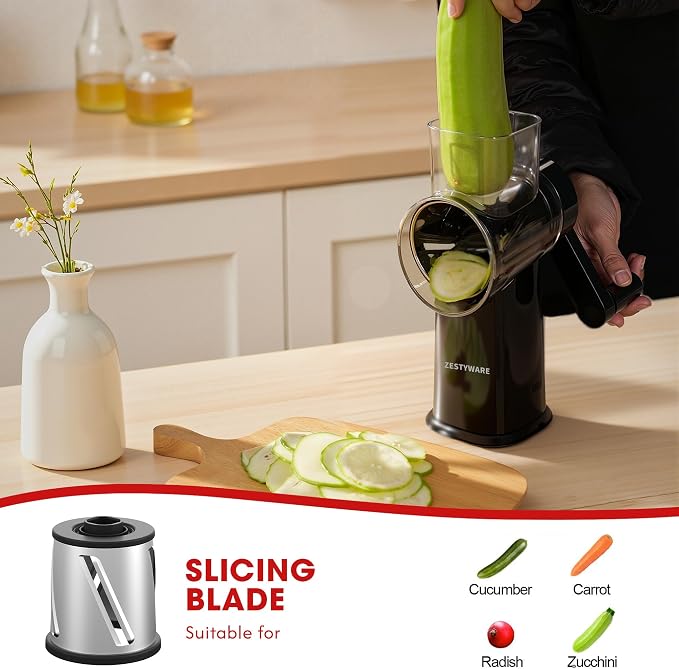 Rotary Cheese Grater Hand Crank with Foldable Handle, Three Blades | Perfect Graters for Kitchen, Fresh Cheese, Vegetables, Nuts, Shredder Hand Crank with Suction Base, Rotary Grader