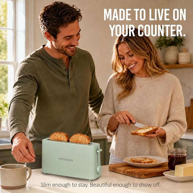 Nostalgia Slim 2-Slice Toaster – Wide Slot – Space-Saving Design – Adjustable Browning Dial – 10-inch Long Slot Fits 2 Slices of Bread or Bagel Halves – Drop-down Crumb Tray – Sage