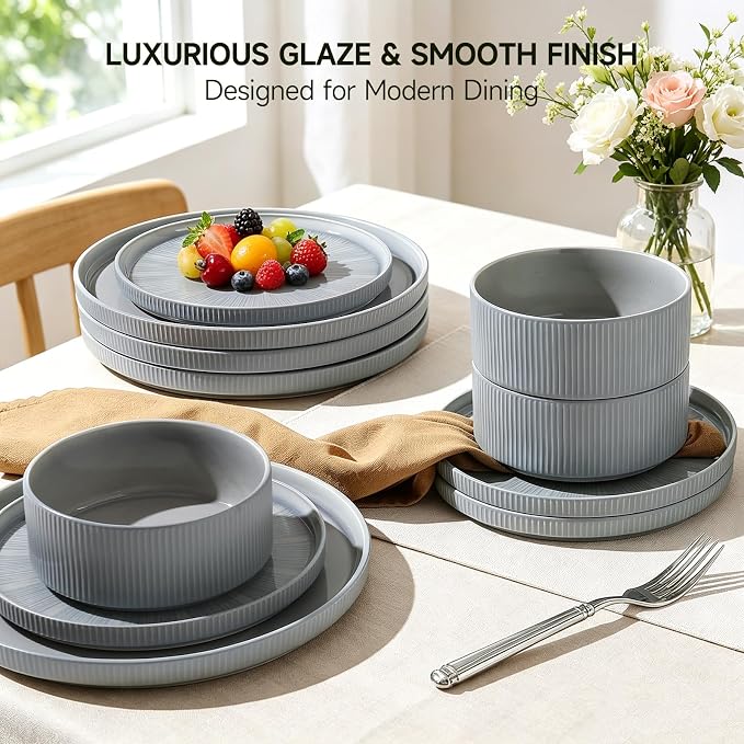 Stoneware Dinnerware Sets for 4, 12-Piece Plates and Bowls Set, Dusty Blue | Advanced Inkjet Printing Ceramic Dishes, Modern Minimalist Tableware, Scratch Resistant, Microwave and Dishwasher Safe