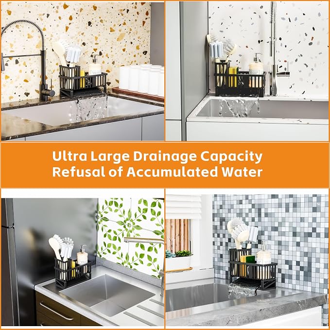 Rustproof Sink Caddy & Kitchen Sink Organizer,Plastic Dish Sponge Holder with High Scrub Brush Holder,Sponge Rack for Kitchen Sink,Multifunctional Sponge Drain Rack,Dish Soap Caddy & Dispenser