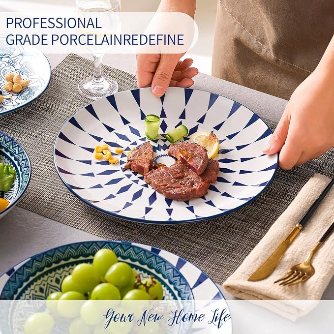 Bestone Porcelain Dinnerware Sets Service for 4, 12 pcs Hand drawn Plates and Bowls Sets, Handmade Ceramic Dish Set, Chip Resistant Modern Plate Set, Dishwasher/Microwave Safe，Vintage Blue
