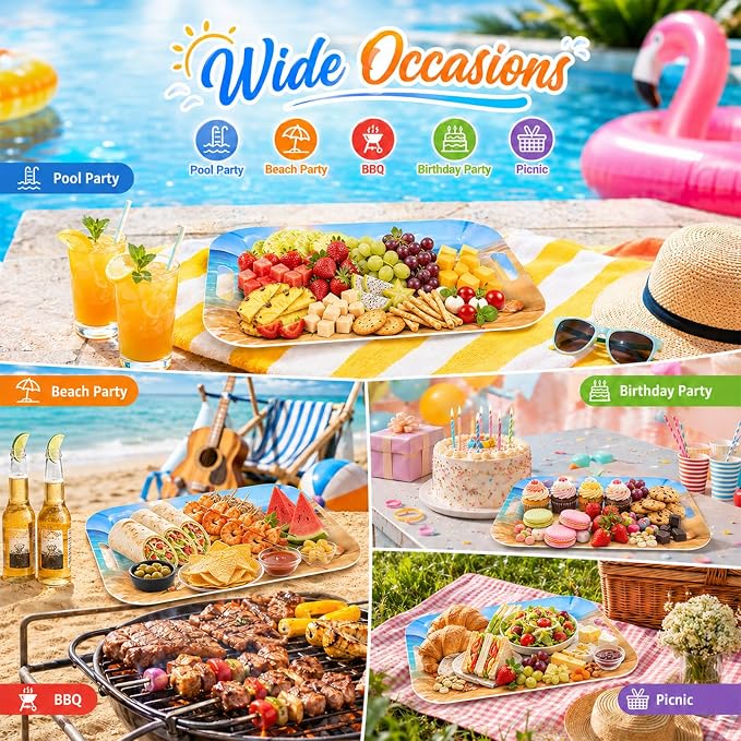 2 Pcs Summer Beach Serving Trays with Handles Colorful Beach Party Party Decorations 16 X 11inch Large Melamine Serving Platters for Birthday Baby Shower Hawaiian Tropical Summer Parties Supplies