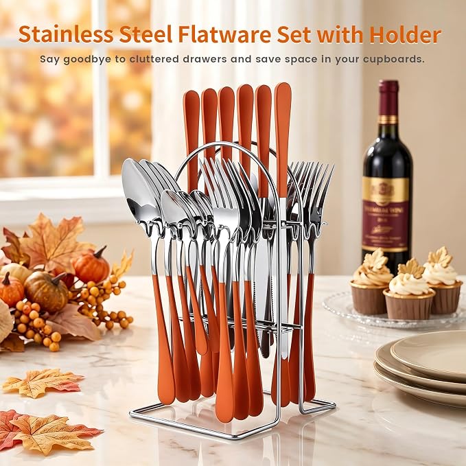 Orange Silverware Set with Holder for 6-24 Piece Stainless Steel Flatware Set with Spoons, Forks, Knives, Heavy Duty Mirror Polished Cutlery Set for Home, Kitchen, Restaurant