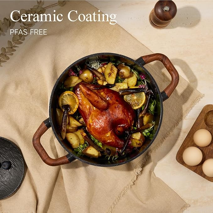 CAROTE 5QT Ceramic Stock Pot with Ladle, Nonstick Casserole with Lid, Even Heating Stockpot, Fits All Stoves, Non Stick Large Capacity Cooking Pots, PFAS Free, Black