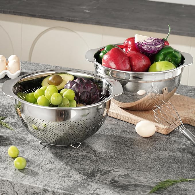 18/8 Stainless Steel Microwell Colander, 3.5QT Large Capacity with Handle Kitchen Food Strainer Basket for Washing Vegetables, Fruits, Rice, and Pasta (primary colour, 3.5QTColander+3.5QT Mixing bowl)