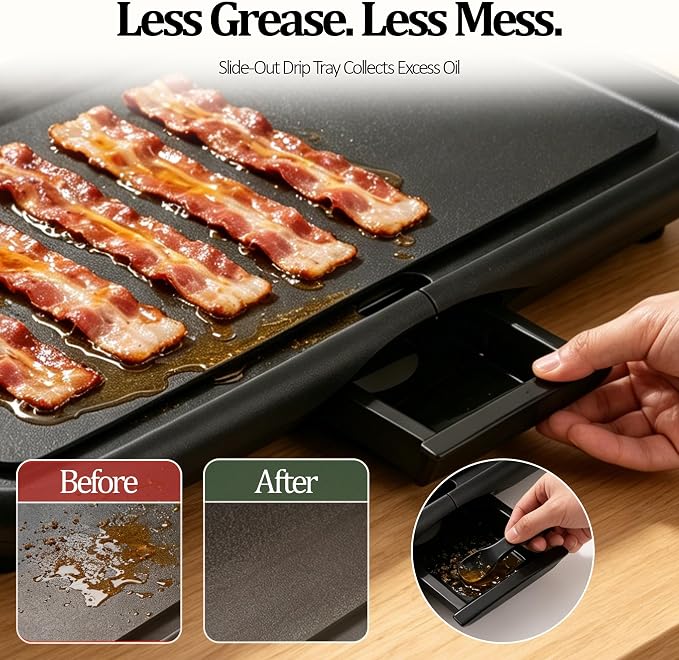 20" Electric Griddle, Ceramic Non-Stick Baking Pan Attemperation Griddle, 1400W Family-Sized Electric Skillet Extra Large Surface and Adjustable Temperature, Slide-Out Drip Tray, Black