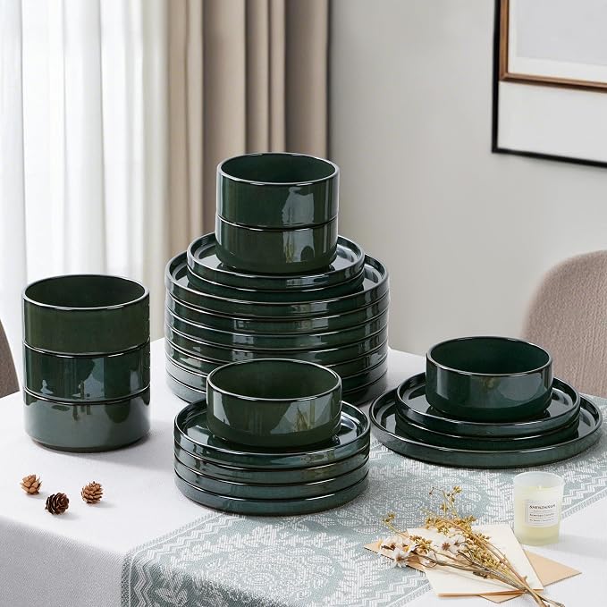 LIANYU Dinnerware Dishes Sets for 8, 24 Piece Plates and Bowls Dishware | Stoneware Modern Tableware Includes Ceramic Dinner Salad Plates, Cereal Bowls, Chip & Scratch Resistant, Hunter Green