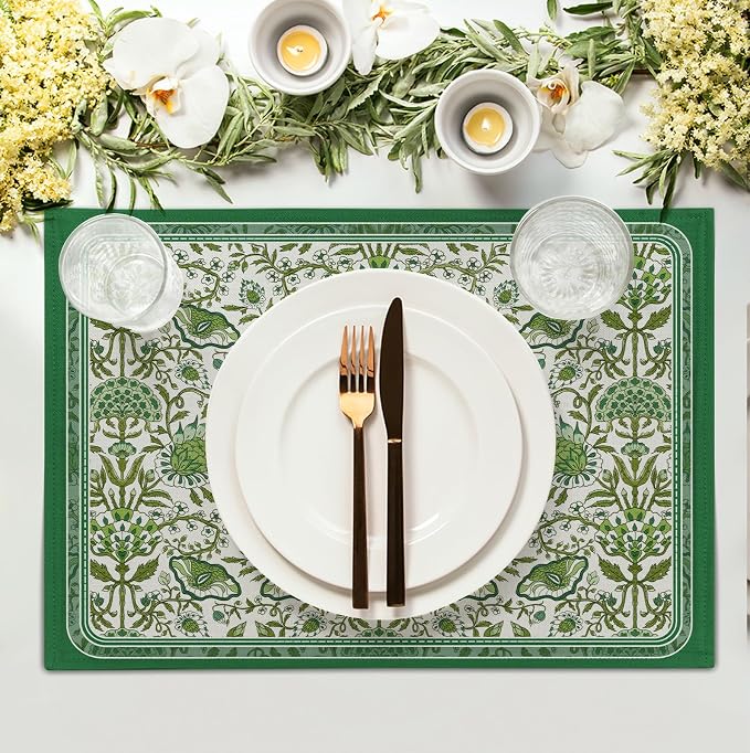 Green Floral Boho Placemats Set of 4, 12x18 Inch Vintage Chinoiserie Block Print Place Mats Seasonal Spring Summer Rustic Farmhouse Table Mats for Party Kitchen Dining Outdoor Indoor Decor
