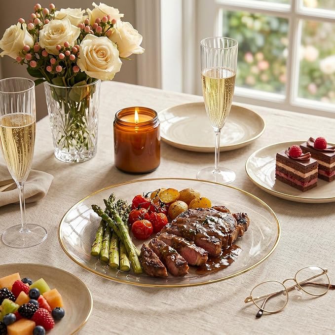 6-Pack Clear and Gold Plastic Serving Trays - 10x12 Inch Heavy Duty Oval Disposable Serving Platters for Cookie/Appetizer/Snack Party Food Display - Clear Gold Serving Trays for Party/Wedding/BBQ