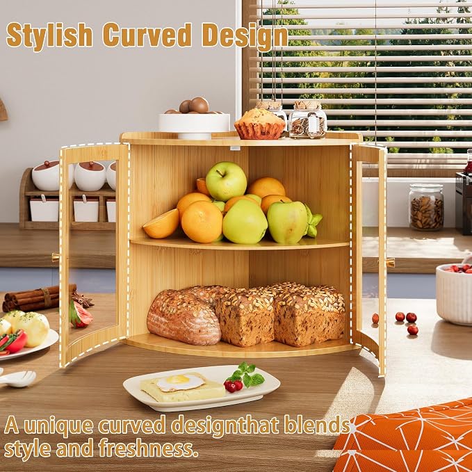 Trironsun Fan Shape Corner Bread Box for Kitchen Counter Double Layer Large Bread Storage Container with Acrylic Doors Farmhouse Wooden Bread Box Organizer for Homemade Bread (Natural Bamboo)