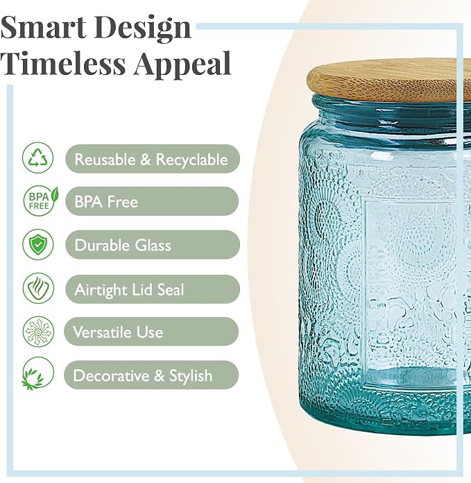 8 oz Decorative Small Glass Jars with Airtight Bamboo Lids, 6 Color 12 Pack | Vintage embossed color coated containers, kitchen pantry bathroom organization & decor, spices, DIY gifts, candle making