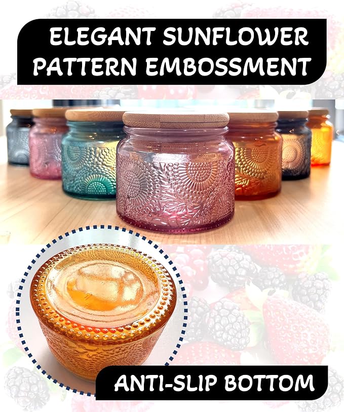 4 oz Decorative Small Glass Jars with Airtight Bamboo Lids, Pink 12 Pack | Vintage embossed color coated containers, kitchen pantry bathroom organization & decor, spices, DIY gifts, candle making