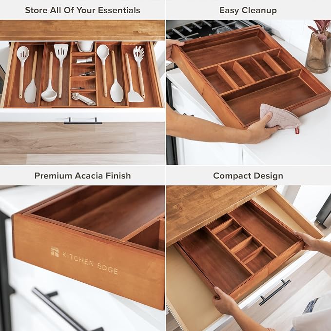 Utensil & Junk Drawer Organizer, 18.5-33 in, Acacia | Food-safe contract grade, 100% sustainable wood, non-slip, adjustable