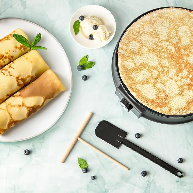 Moss & Stone 12” Electric Crepe Maker Machine, Griddle Nonstick Crepe Pan | Adjustable temperature, quick heat-up, even heating, non-slip feet, spreader & spatula included, for pancakes & tortillas