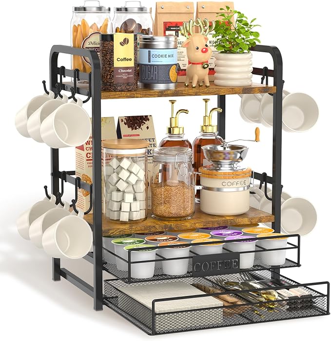 EsLuker.ly Coffee Bar Organizer Station Shelf Mug Holder for Countertop | 4 Tier Mug Holder Stand with 12 Hooks, K Cup Pod Drawer for Home Office, Keeps Essentials Tidy & Accessible