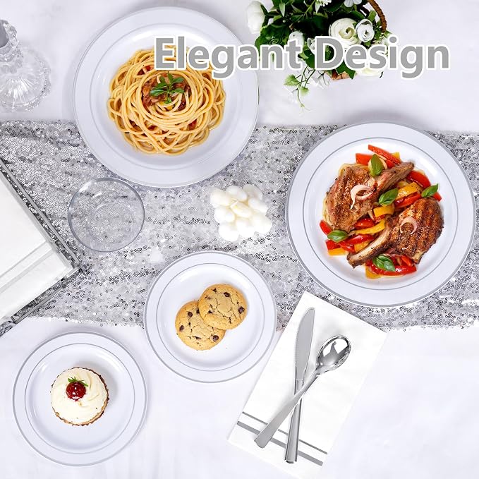 GATHER 176PCS Silver Plastic Plates for Wedding and Party | White and Silver Disposable Plates include 50 Plates, 75 Silverware, 25 Napkins, 25 Cups, 1 Tablecloth