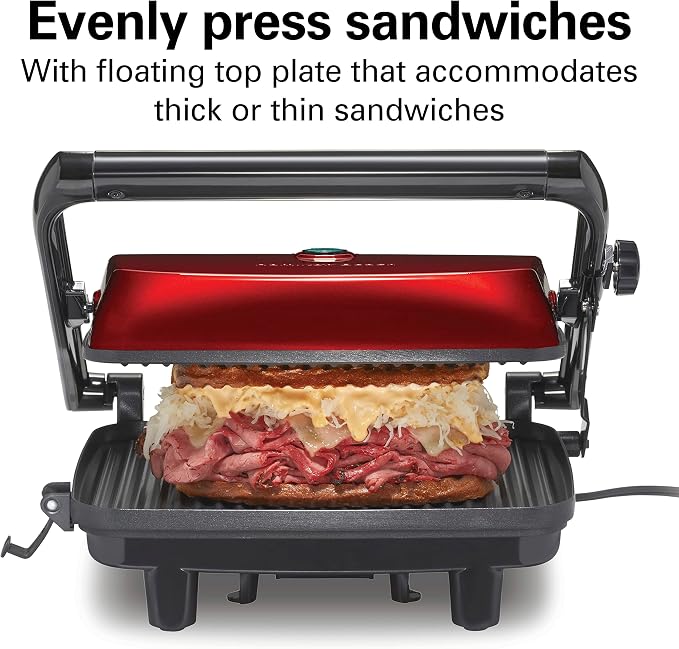 Hamilton Beach Electric Panini Press Grill with Locking Lid, Opens 180 Degrees for Any Sandwich Thickness, Nonstick 8" X 10" Grids, Red (25462Z) | Floating Hinge Evenly Cooks Any Sandwich | Locking Lid | PFAS-Free Non-Stick 8" x 10" Grids | Red