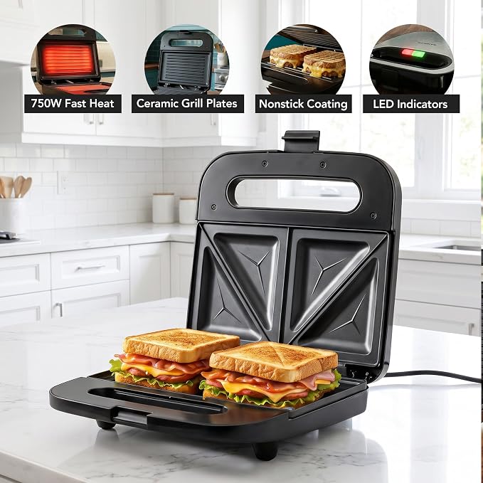 OVENTE Electric Sandwich Maker, 750W Non-Stick Plates, Black GP0401B | Perfect for Grilled Cheese, Tuna Melts, Omelets, French Toast, Breakfast Favorites, Light Meals, and Snacks