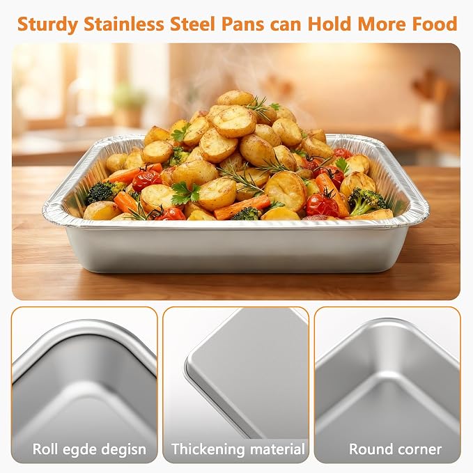 9x13 Baking Pan - Rectangle Cake Pan Deep Heavy Duty Stainless Steel Oven Safe Roasting Baking Pan for Lasagna Brownies Casseroles, with Half Size 10 Pack Disposable Aluminum Foil Pans 9x13
