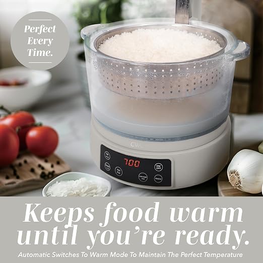 COOK WITH COLOR Glass Mini Low Carb Rice Cooker – Holds 2 Cups Raw/Makes 6 Cups Cooked with Auto Lift Filter Basket, Hotpot & Steamer for Rice, Grains, Digital Panel with Keep Warm, Cream