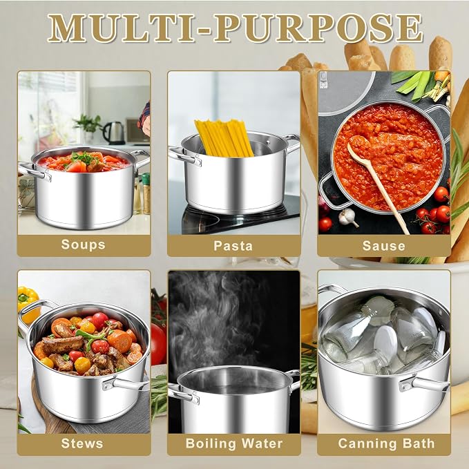 Leonyo 8 Quart Stock Pot with Lid, Stainless Steel Soup Pot for Cooking | 3-Ply Bottom for All Stoves, Stewing & Boiling & Simmering