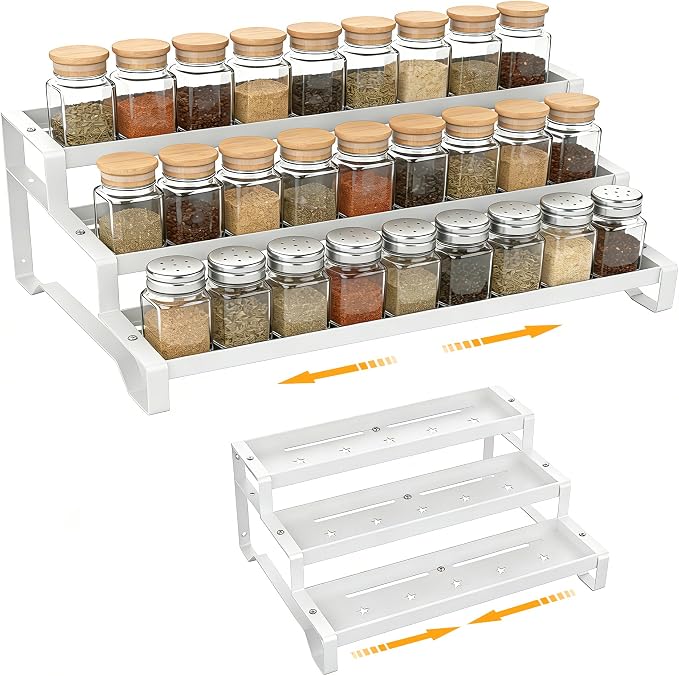 Spice Rack Organizer for Cabinet, 13-21.5" Expandable Spicy Shelf | 9.45" Depth 3-Tier White Metal Seasoning Organizer, Kitchen Spice Organization, Slip-Resistant Guardrails for Jars and Cans