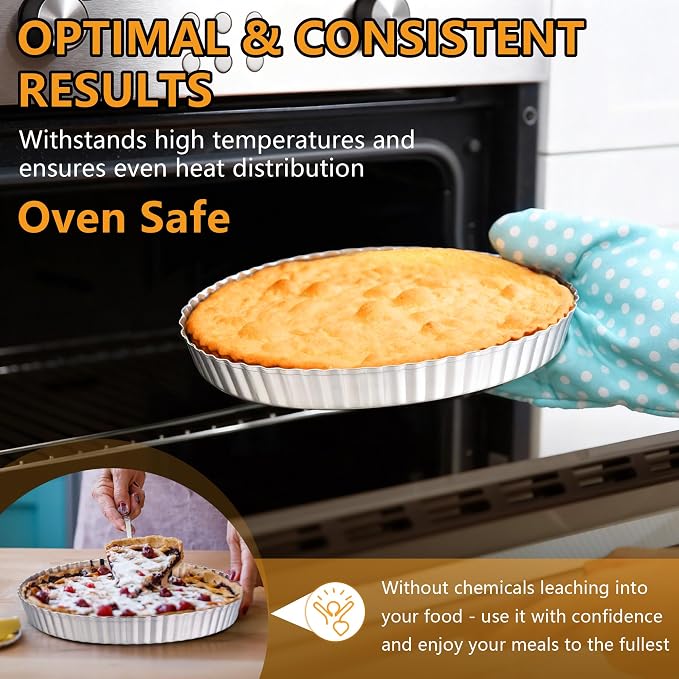 TeamFar Tart Pan, 9.5 Inch Stainless Steel Round Tart Pie Pan, 2PCS | Metal Quiche Baking Dish with Fluted Side, for Baking Fruit Tarts Quiches Pies Mousse Cakes, Heavy Duty & Dishwasher Safe