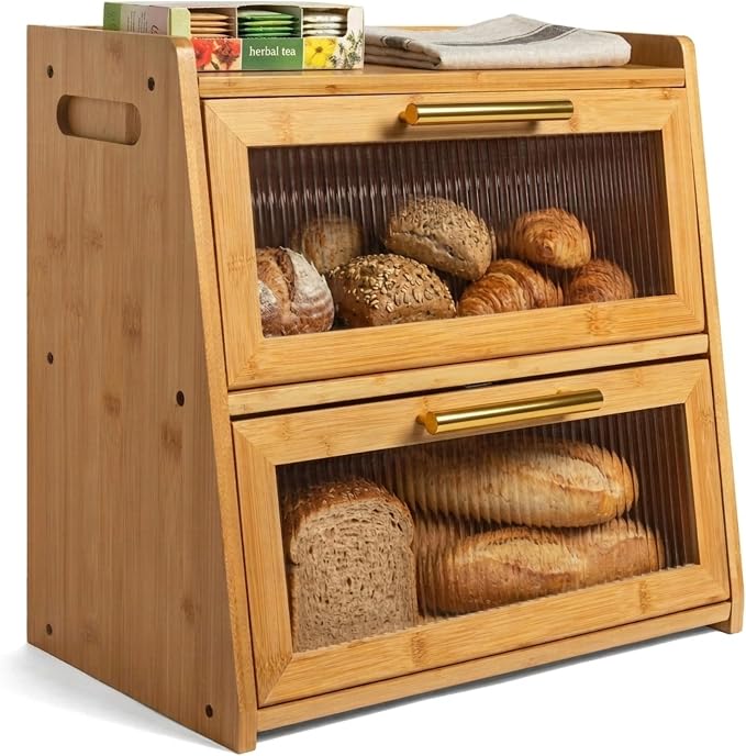 Extra Large Bamboo Bread Box for Kitchen Countertop, Double Layer Wooden Breadbox Holds Multiple Loaves of Homemade Bread, 16.5 Inch Storage Container with Frosted Acrylic Windows