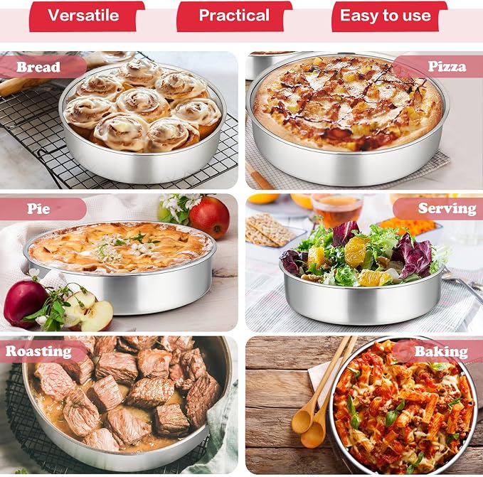 P&P CHEF 8 Inch Cake Pan Set of 4, Stainless Steel Round Cake Pans Tins | Baking Round Cake Bakeware for Birthday Wedding, Leak-proof & Mirror Finish & Easy Releasing, Dishwasher Safe