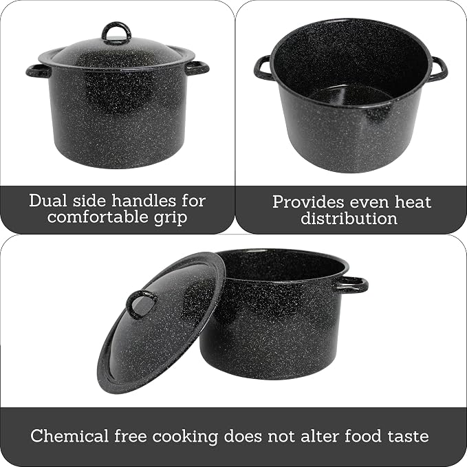 MIRRO 7.75 Qt Enamel Stock Pot for Canning, Black | Smooth Glass Enamel Coating, Perfect for Soups and Stews