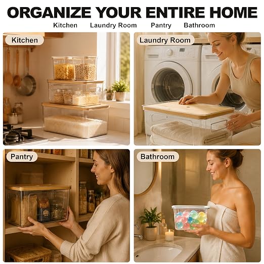 Trash Bag Organizer Under Sink Storage, 4 Piece Stackable Clear Storage Bins with Bamboo Lids, Fits 13/30/33 Gallon Bags, Organizer for Laundry Pods, Dishwasher Pods, Kitchen Pantry