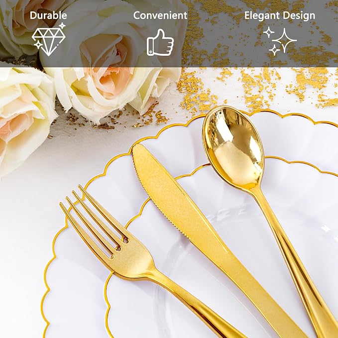 YOUBET 350PCS White and Gold Scalloped Plastic Plates for Wedding Party | White and Gold Disposable Dinnerware Set Include 100 Plates, 150 Gold Silverware, 50 Cups, 50 Napkins